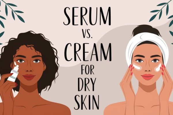 A digital illustration comparing "Serum vs. Cream for Dry Skin," featuring two women with different skincare routines. On the left, a woman with curly hair applies a serum with a dropper, while on the right, a woman with a towel headband applies a cream to her face. The background includes soft neutral tones and decorative leaves, emphasizing skincare and hydration | womenluxlife.com