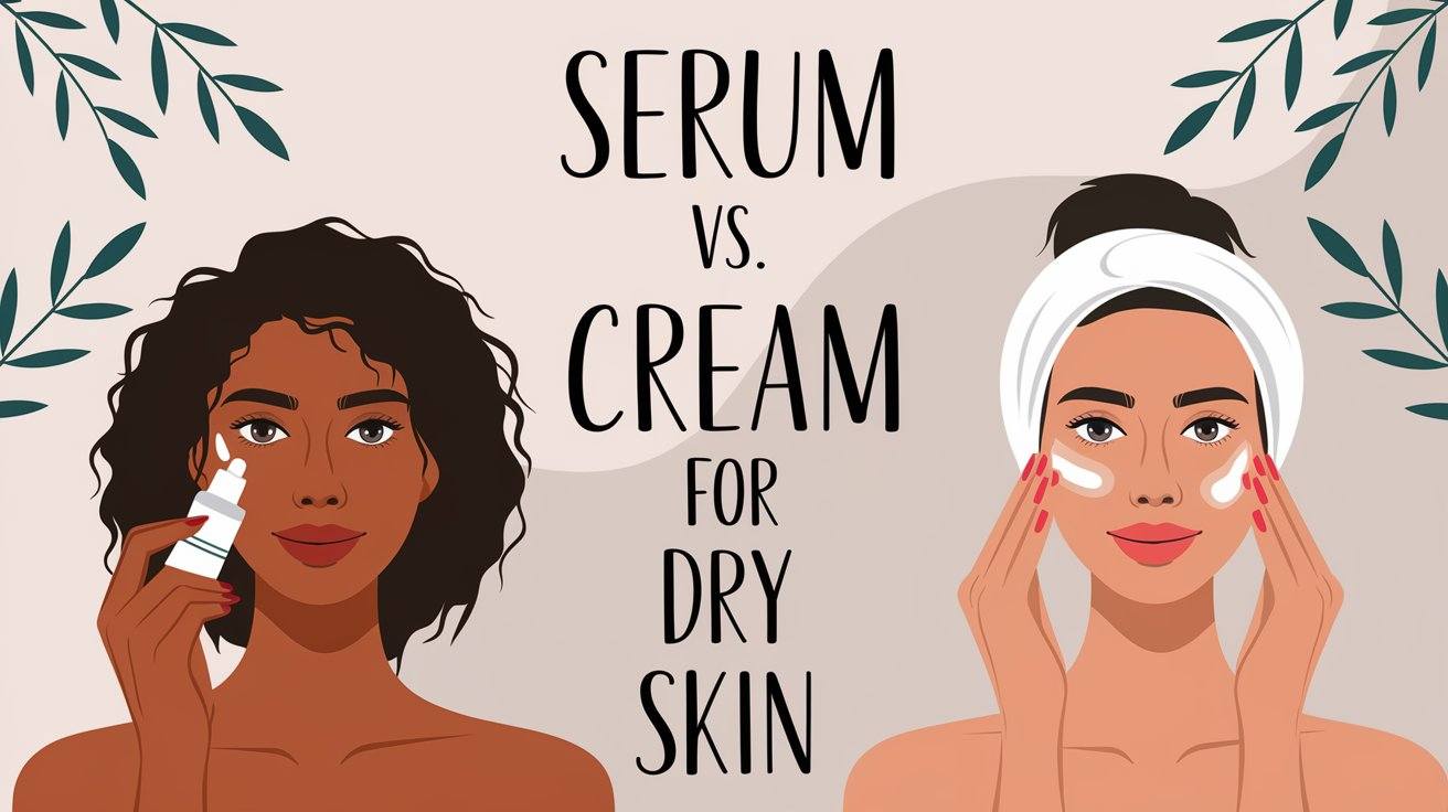 A digital illustration comparing "Serum vs. Cream for Dry Skin," featuring two women with different skincare routines. On the left, a woman with curly hair applies a serum with a dropper, while on the right, a woman with a towel headband applies a cream to her face. The background includes soft neutral tones and decorative leaves, emphasizing skincare and hydration | womenluxlife.com